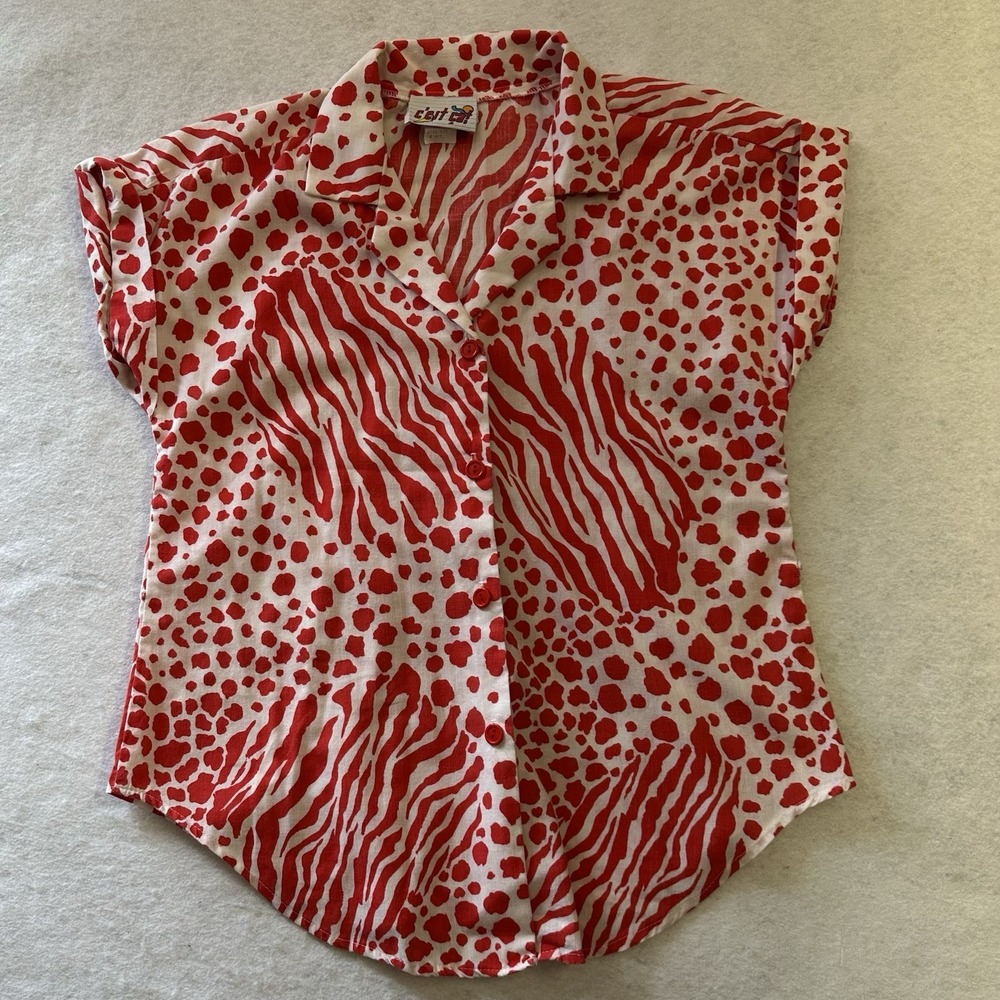 Vtg 70's C'est Ca Red White Mixed Animal Print Short Sleeve Button Up Blouse Med